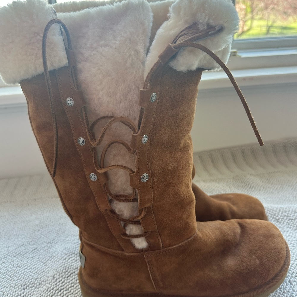 UGG Chestnut Suede Shearling Lace-Up Mid-Calf Boots